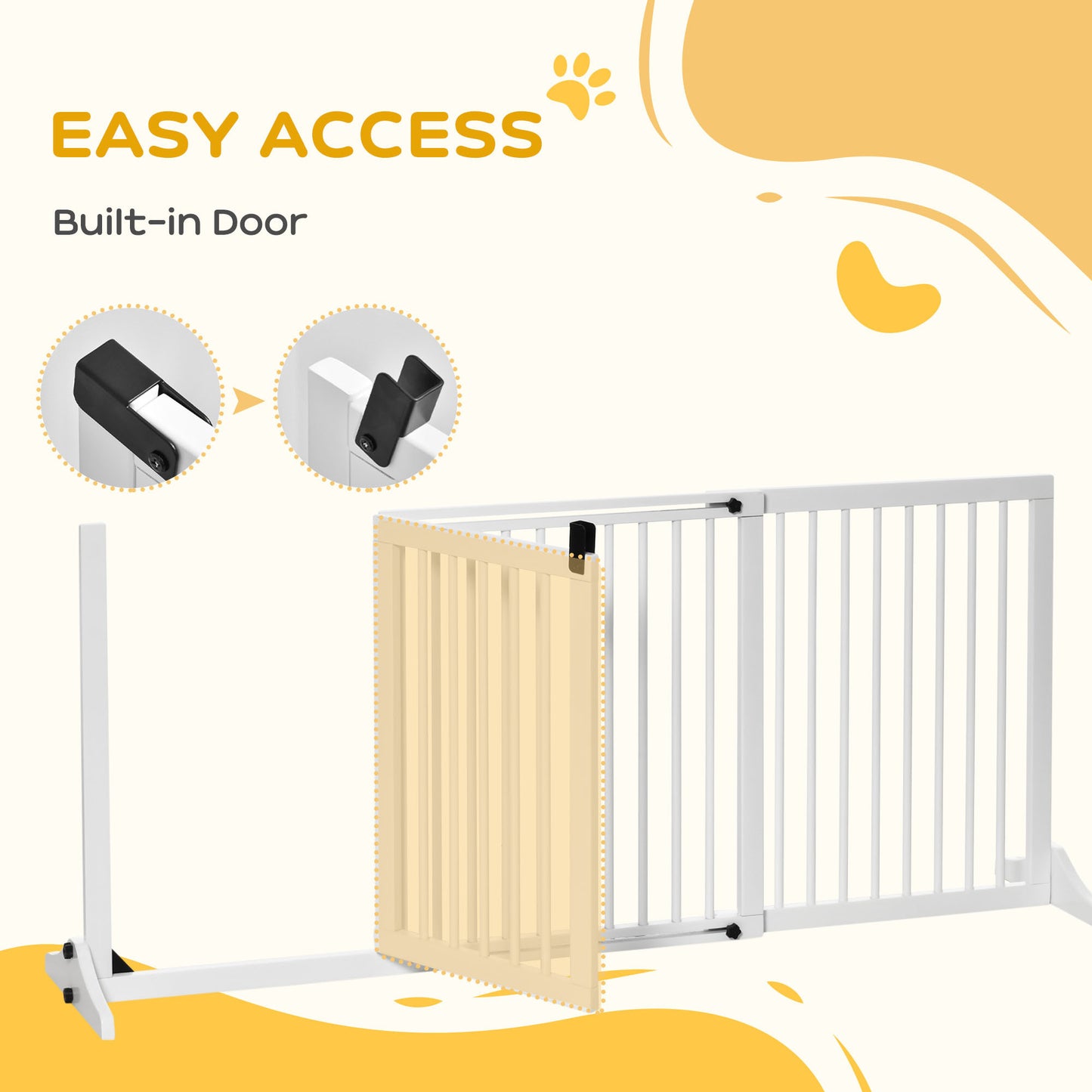 PawHut Adjustable Wooden Pet Gate, Freestanding Dog Fence for Doorway, Hall, 3 Panels w/ Safety Barrier, Lockable Door, White, 44.5"-65.25" L x 14.25" H