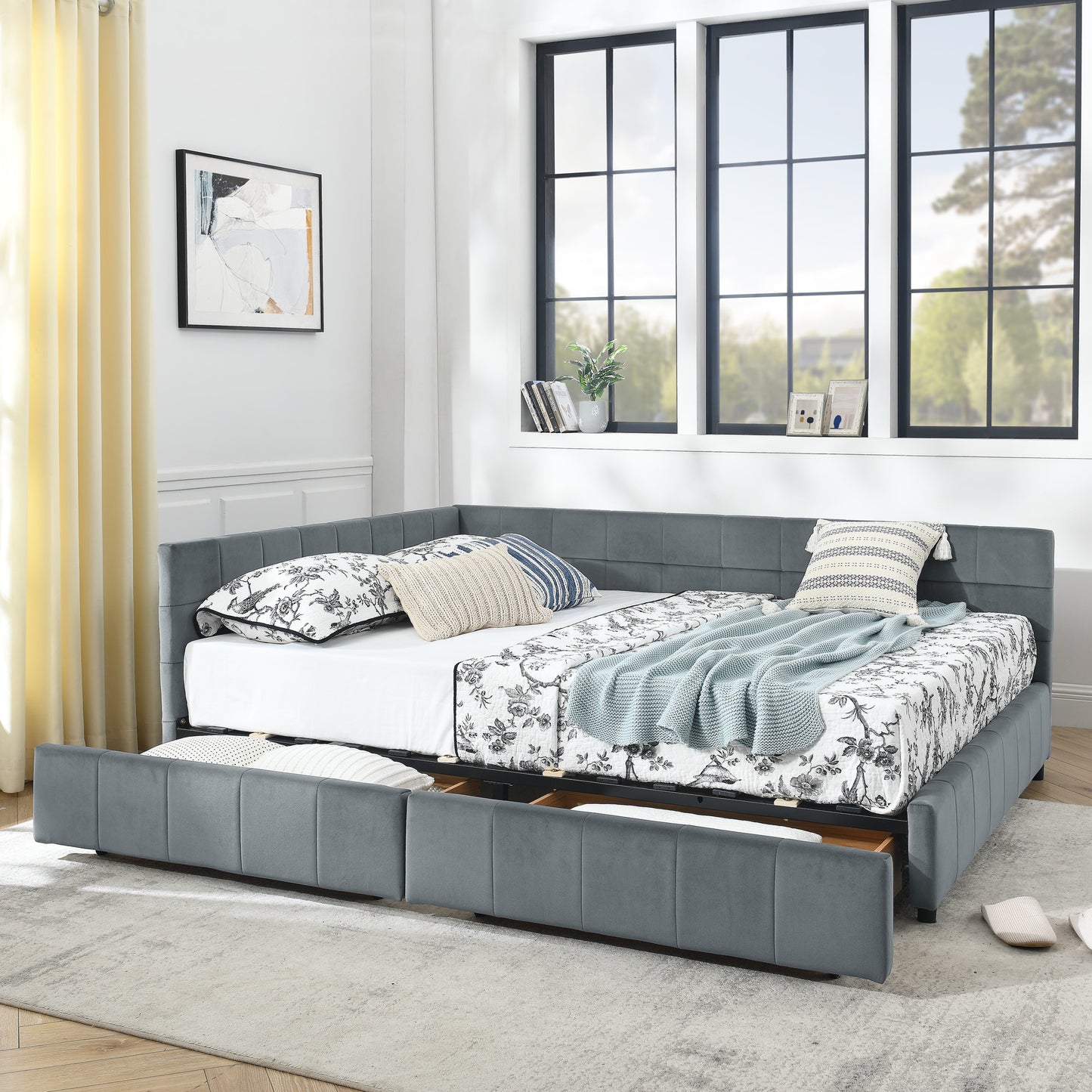 Queen Size Storage Upholstered Tufted Bed Frame, Sofa Bed Frame with Comfortable Backrest and Armrests,Queen Size Bed for Bedroom, Living Room,Velvet, grey(85.5''*64.5''*29.5'')