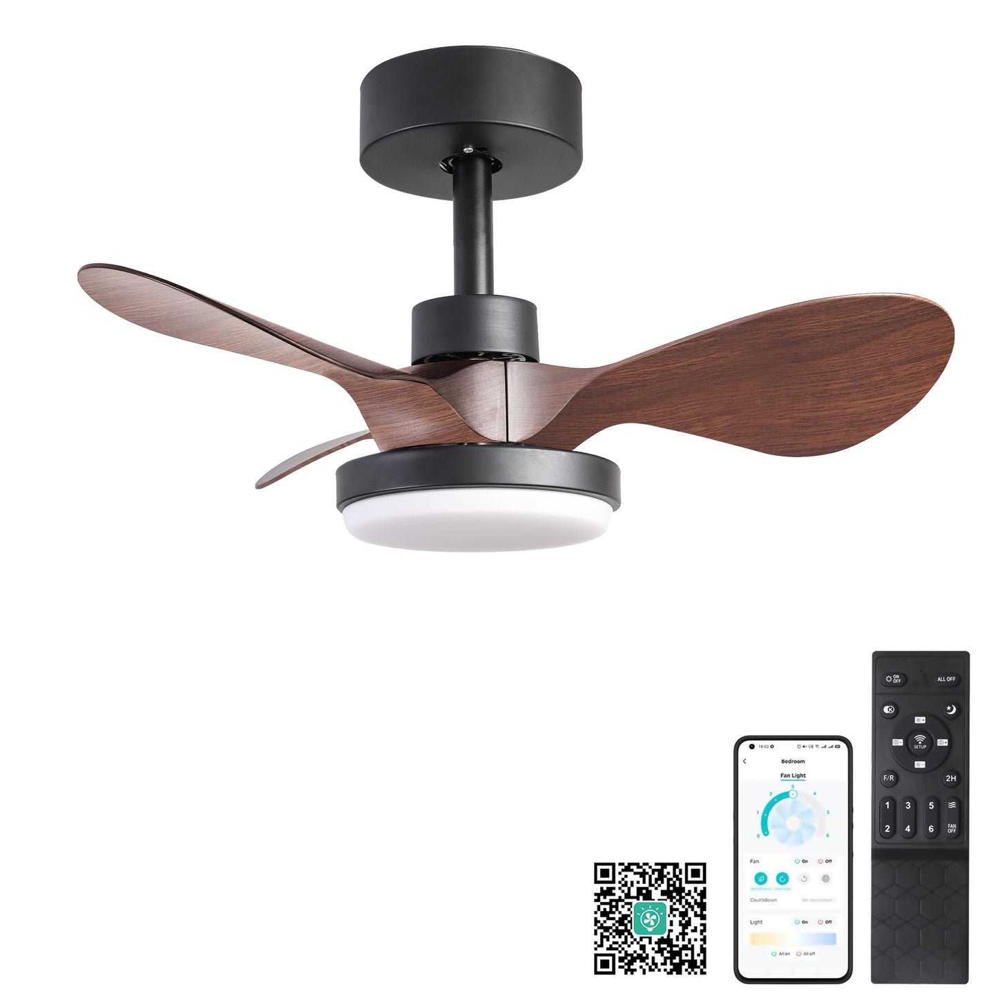 24" Black small  Ceiling Fan with Light remote control ,Modern Low Profile Ceiling Fan, 6-Speeds Quiet Reversible DC motor for Bedroom,Kitchen