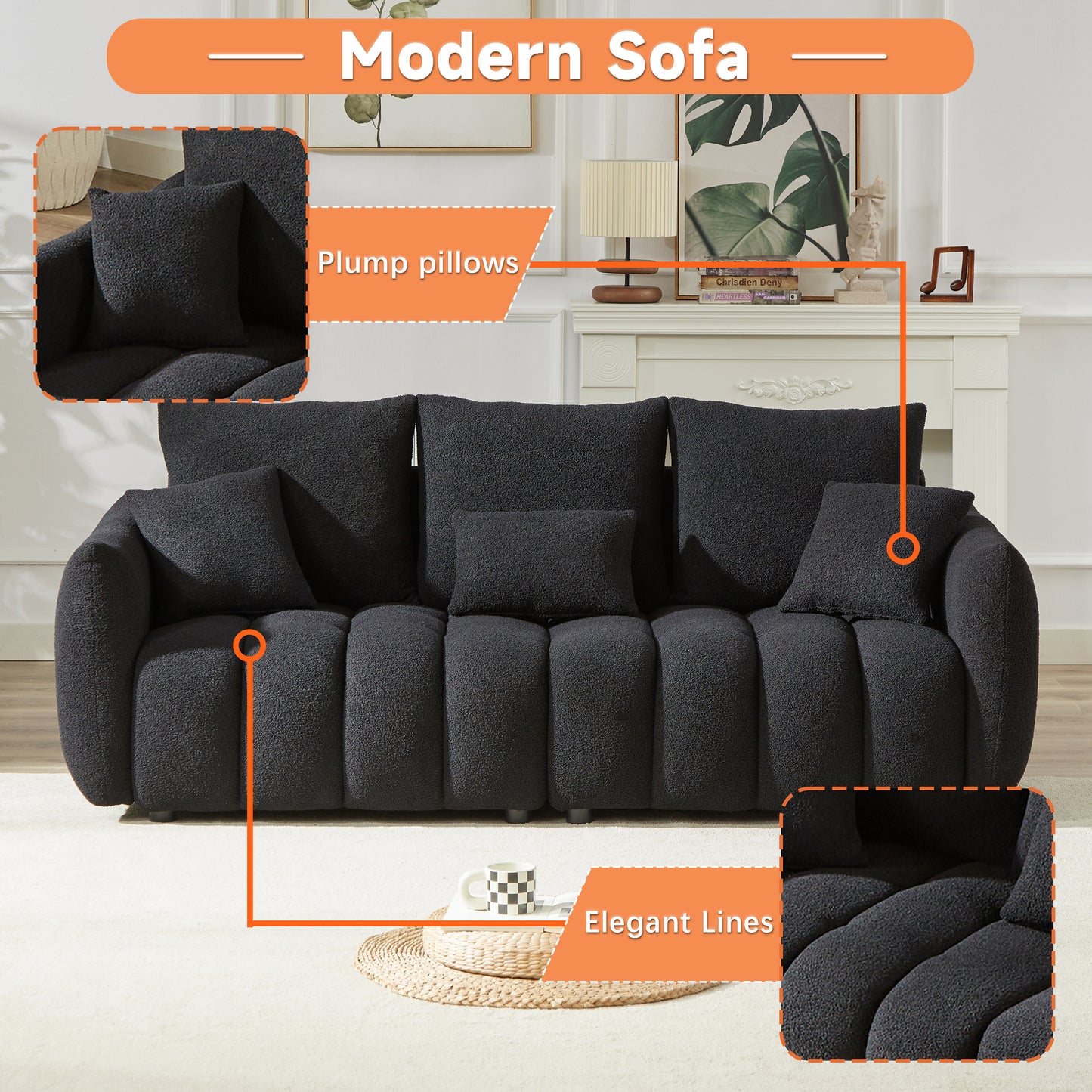 3 Seater + 3 Seater Combo Sofa Modern Living Room Sofa, Teddy Sofa, Wooden Frame, 6 Cushions, Apartment Sofa Furniture