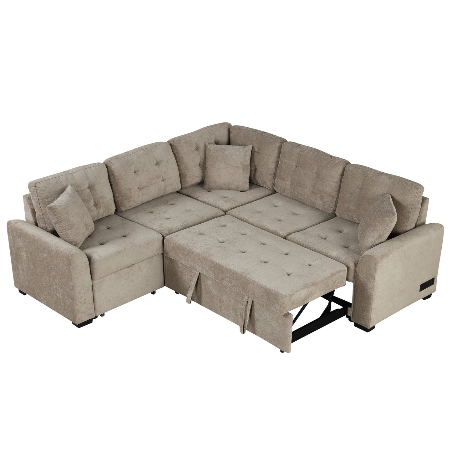 82.6" L-shape Sofa Bed Pull-out Sleeper Sofa with Wheels, USB Ports, Power Sockets for Living Room (SG001230AA), Khaki