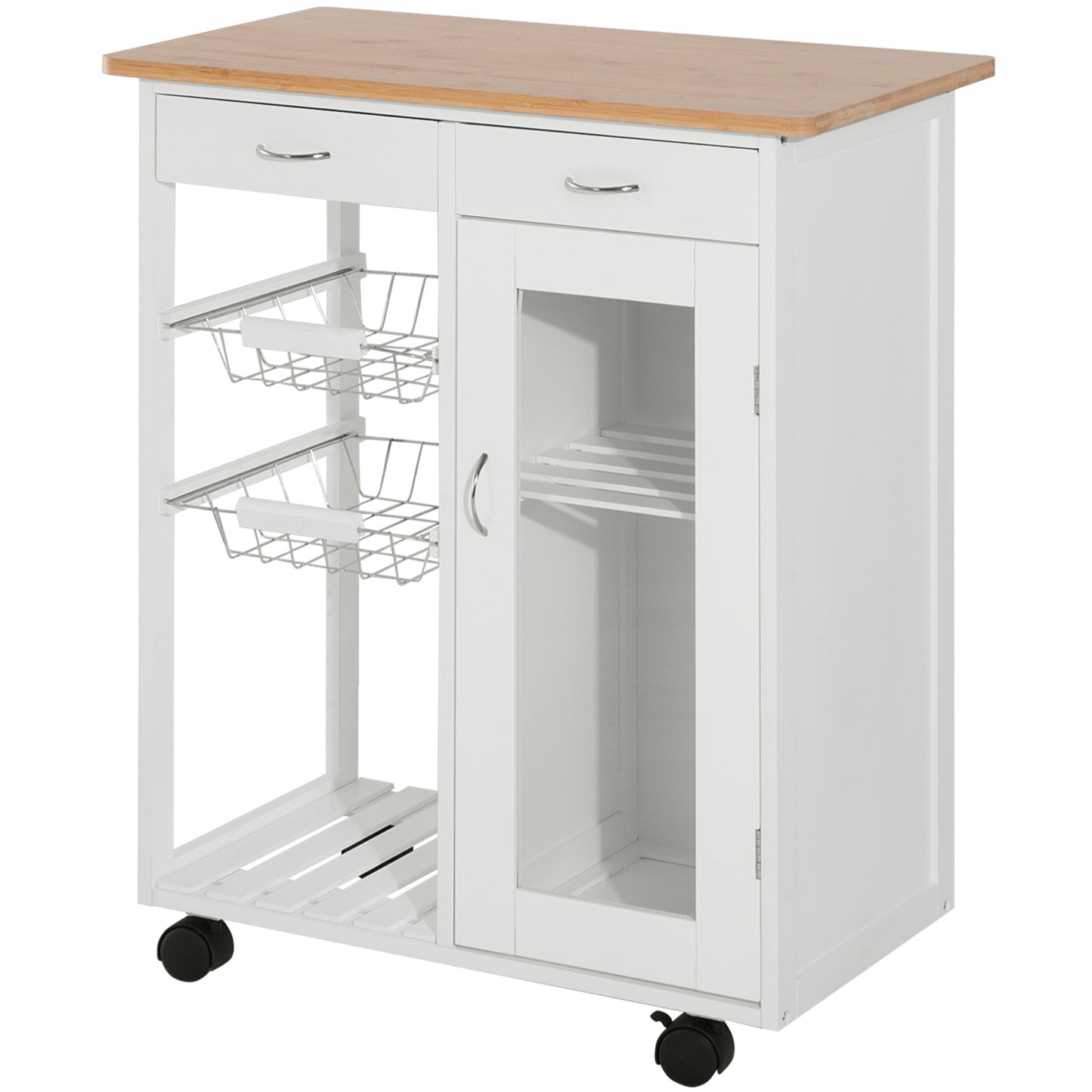 HOMCOM 28" Rolling Kitchen Island with Storage, Kitchen Cart with Solid Bamboo Top, Wire Basket,Door Cabinet and Drawers, White