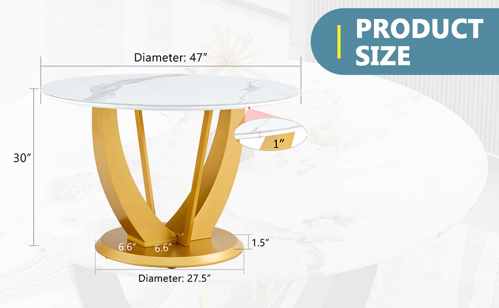 A modern minimalist round white patterned table top measuring 48 inches in diameter with gold MDF legs. Suitable for dining and living rooms.