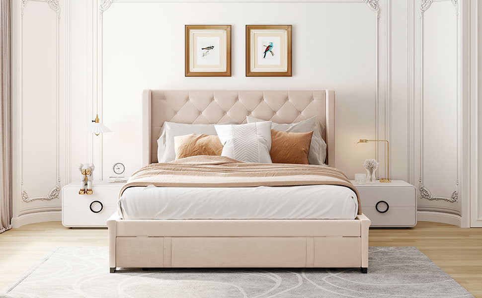 Queen Size Storage Bed Velvet Upholstered Platform Bed with Wingback Headboard and a Big Drawer (Beige)