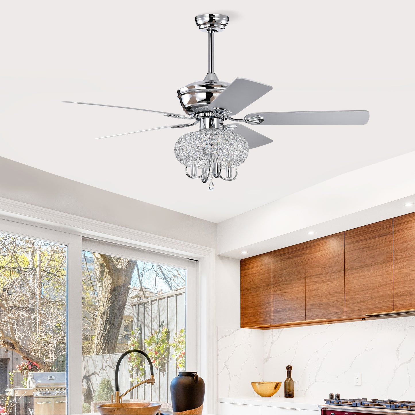 52 inch Crystal Ceiling Fan with Lights Fandelier Chandelier Reversible Blades 3 Wind Speeds Remote Control for Bedroom Living Dining Room--Chrome