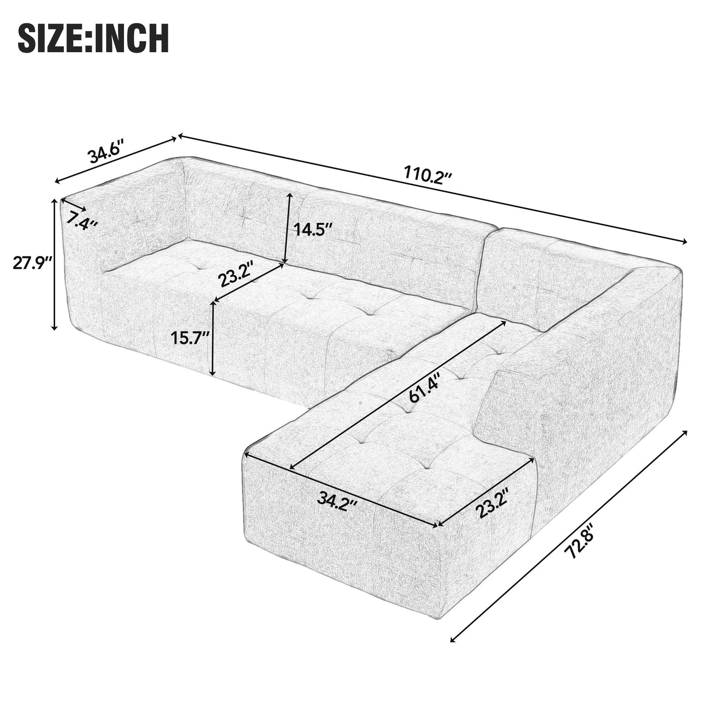 110.2*72.8" Modular Modular Combination Living Room Sofa Set, Modern Minimalist Sofa, Living Room Upholstered Sofa Bed, Bedroom, 3pcs Computer Free Combination, L-Shaped,Dark Grey