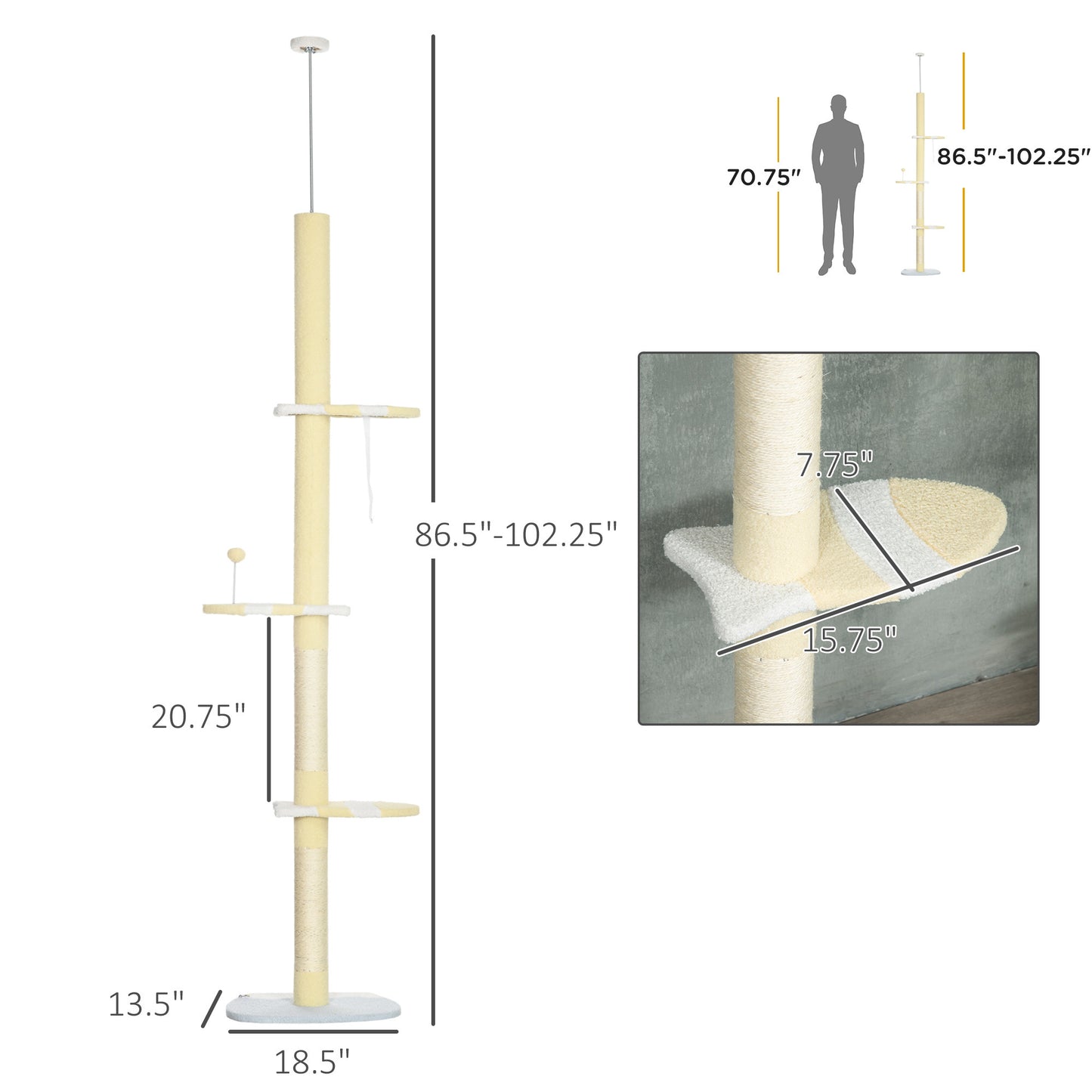 PawHut 4-Tier Tall Cat Tower, Floor to Ceiling Cat Tree, Height Adjustable 87 - 103 Inch with Plush Platforms, Sisal Scratching Posts, Toy Ball for Indoor Cats, Yellow