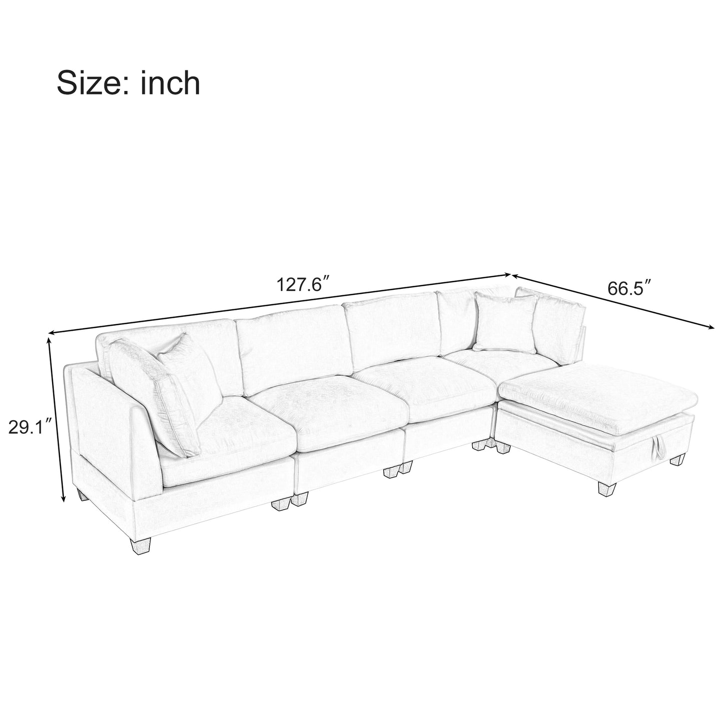 U-style Upholstered Modular Sofa with Removable Storage Ottoman, 2 hidden cup holders, Sectional sofa for Living Room Apartment(5-Seater) (OLD SKU:WY000371AAA)