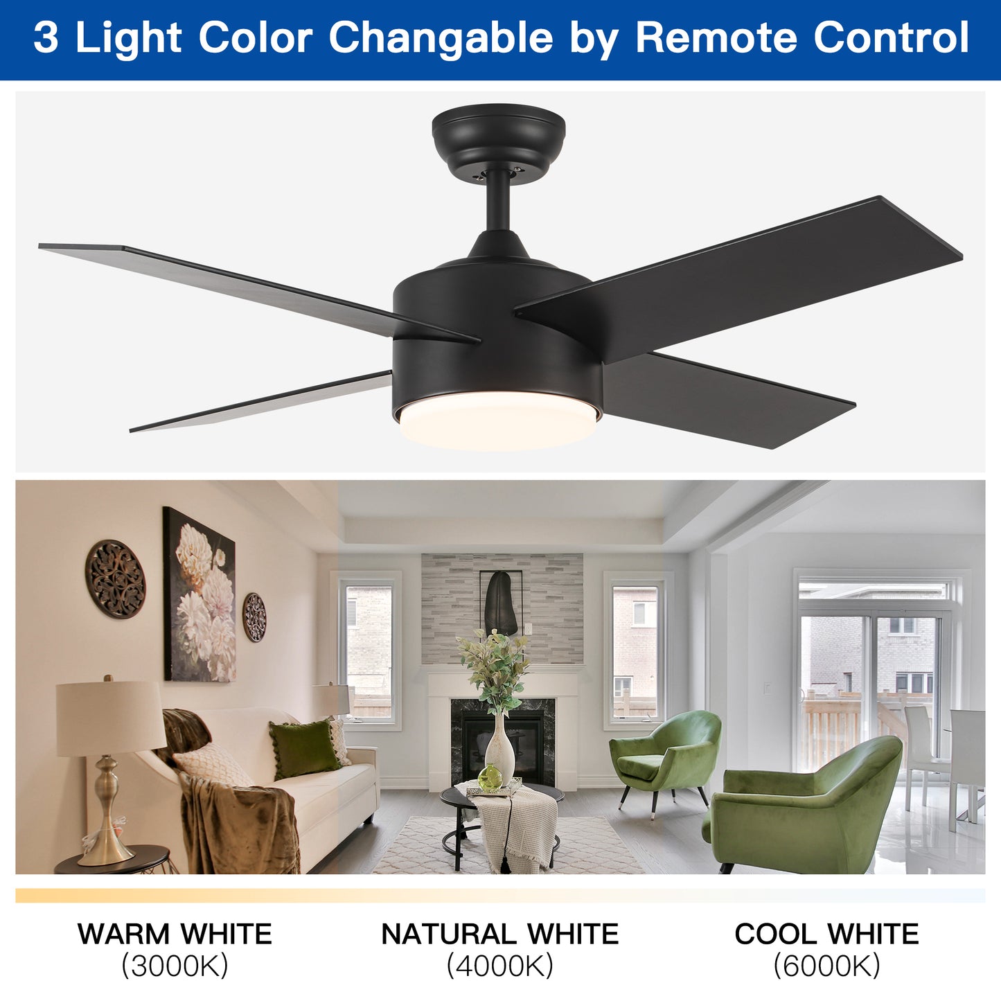 44 In Intergrated LED Ceiling Fan with Black ABS Blade