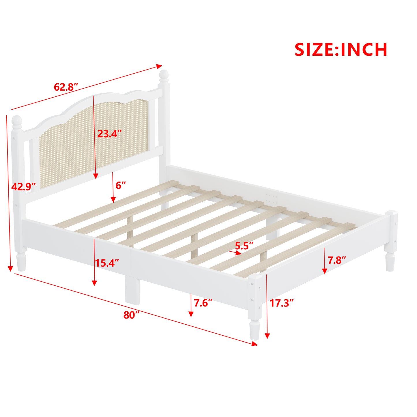 Queen Size Wooden Platform Bed with Natural Rattan Headboard, Vintage Bed Frame with Wooden Slat Support, White