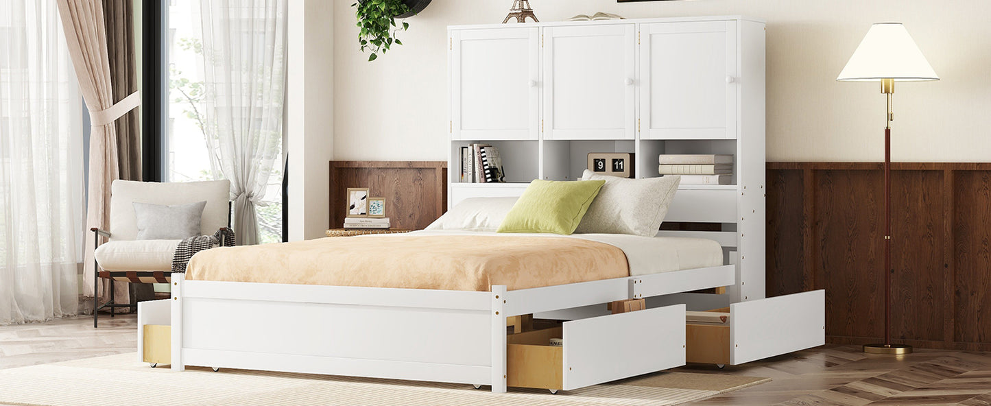 Queen Size Platform Bed with Storage Headboard and 4 Drawers, White