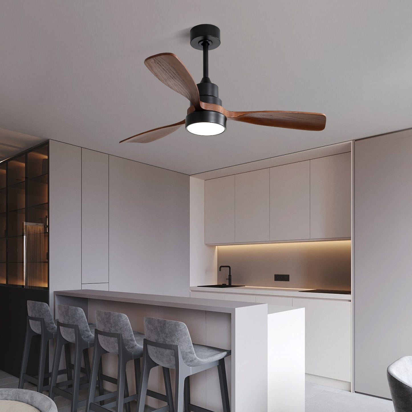 48 Inch Modern Ceiling Fan With Lights 3 Wood Fan Blade Noiseless Reversible Motor Smart Remote Control