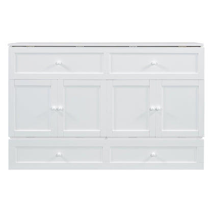 Queen Size Murphy Bed with Large Drawers, White