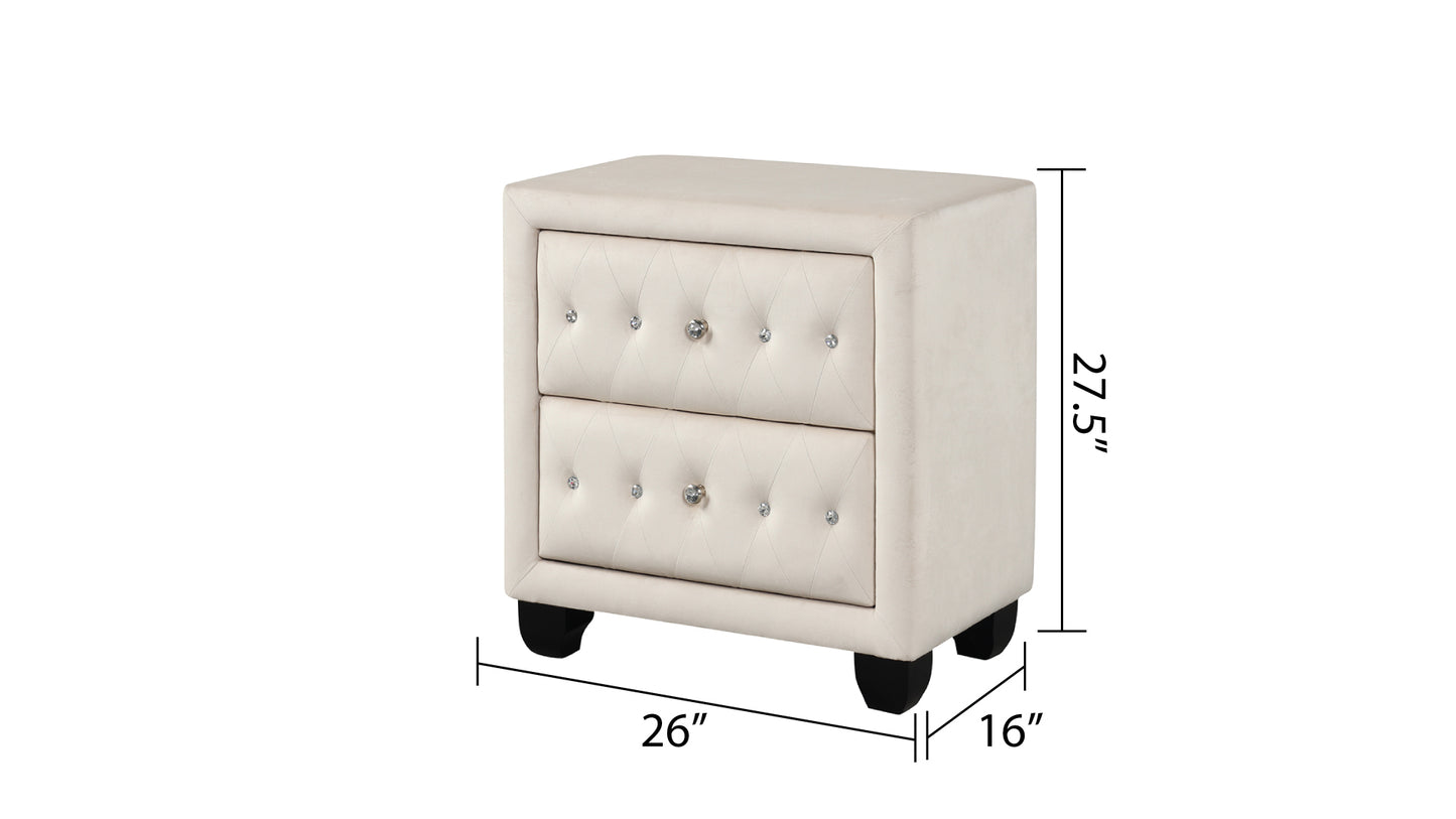 Modern Style Crystal Tufted 2-Drawer Nightstand Upholstered with Velvet Fabric Made with Wood in Cream