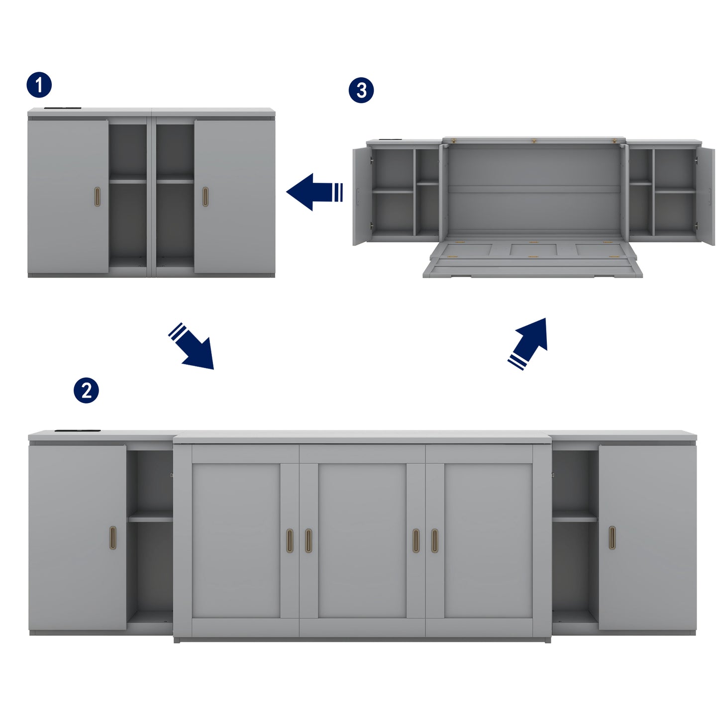 Queen Size Murphy Bed with Shelves, Cabinets and USB Ports,Gray