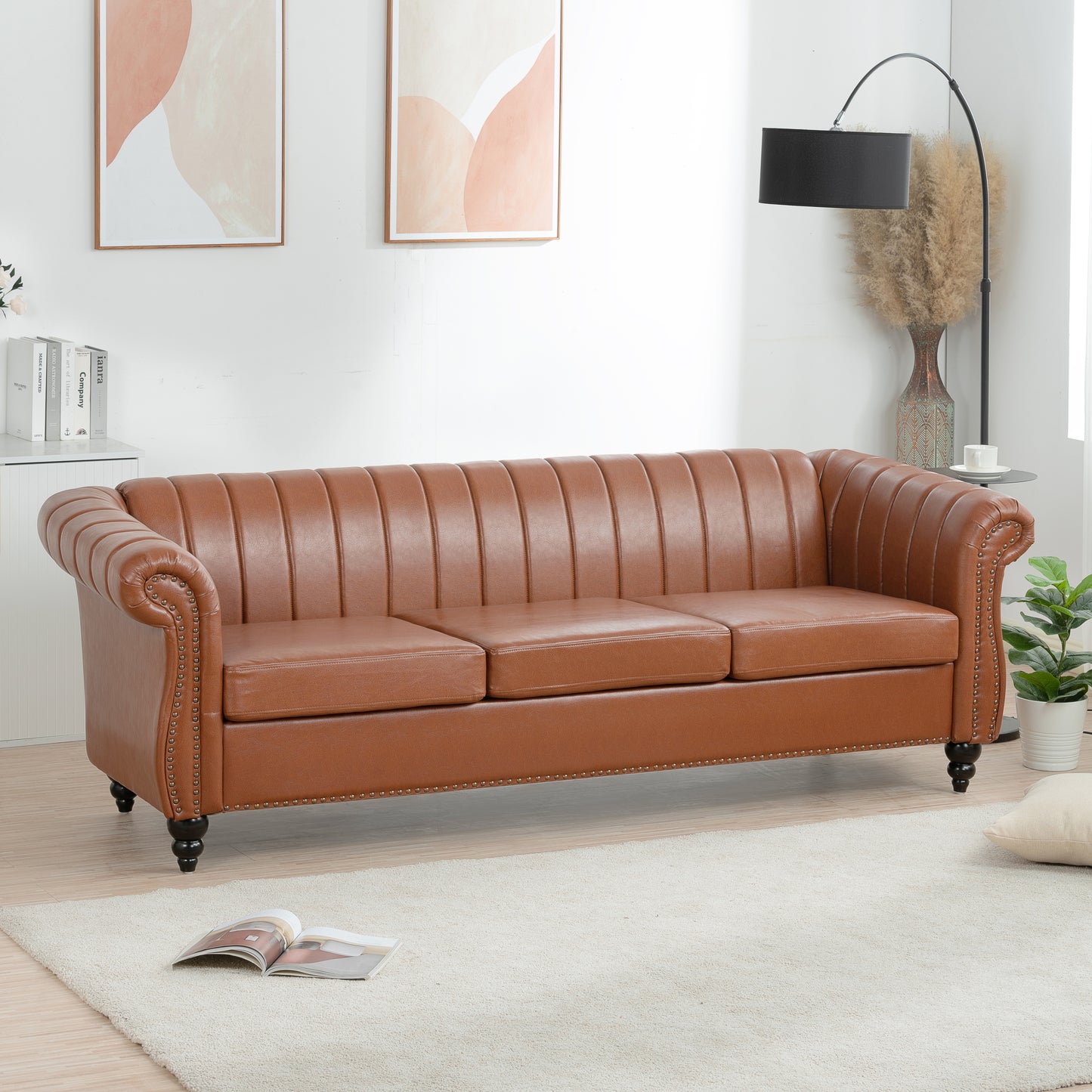 83.46" Brown PU Rolled Arm Chesterfield Three Seater Sofa.