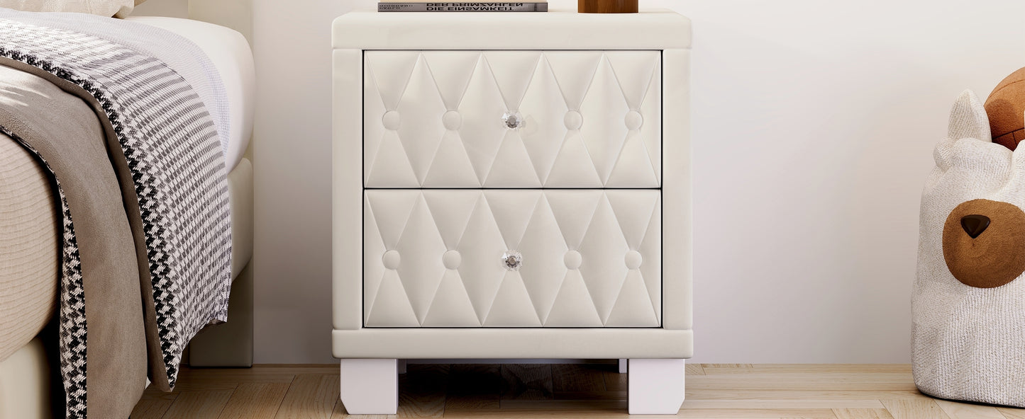 Elegant Velvet Nightstand with 2 Drawers and Crystal Handle, Storage Bedside Table with Button-Tufted, Beige