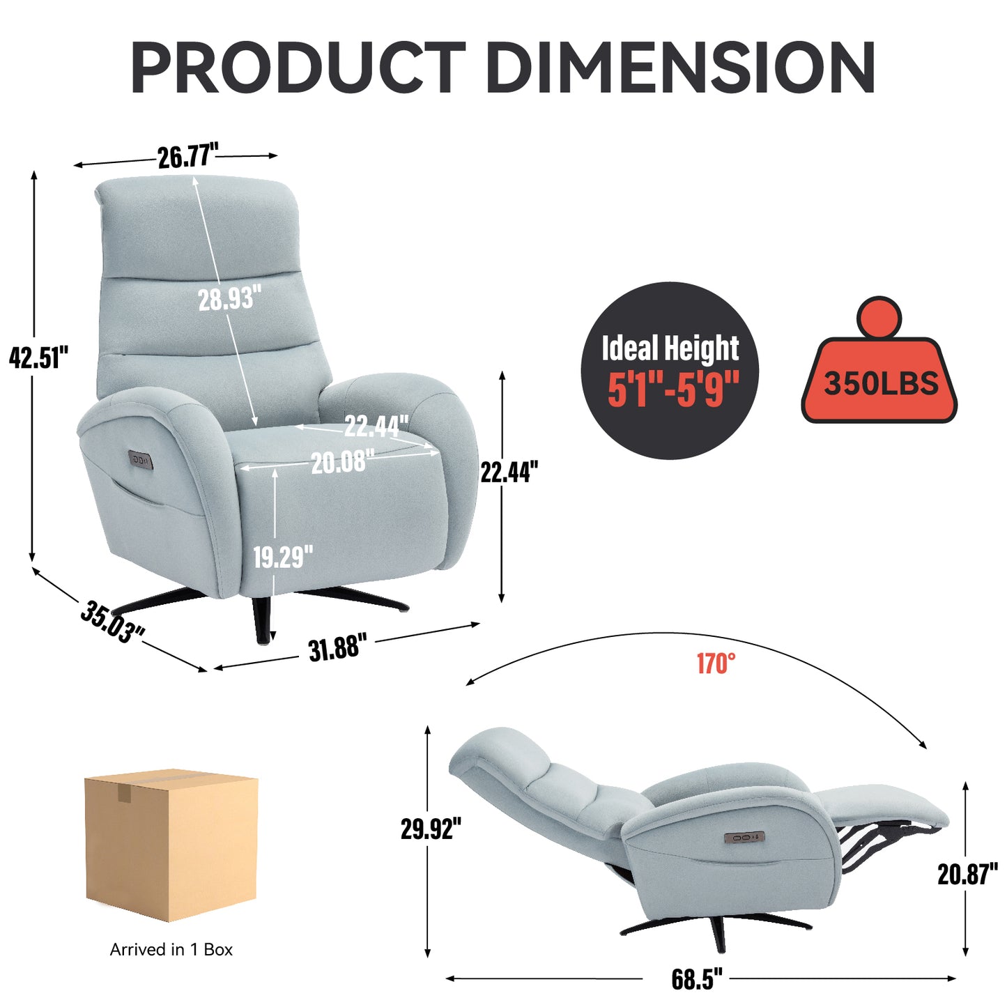 Blue Fabric Dual Motor 270° Swivel Power Recliner Chair With Heavy Duty Motion Mechanism, USB and Type-C Charging Ports.