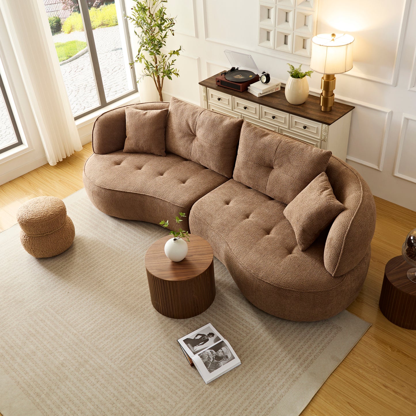 WKS7C Camel color combo sofa with detachable pillows, durable fabric, solid wood frame