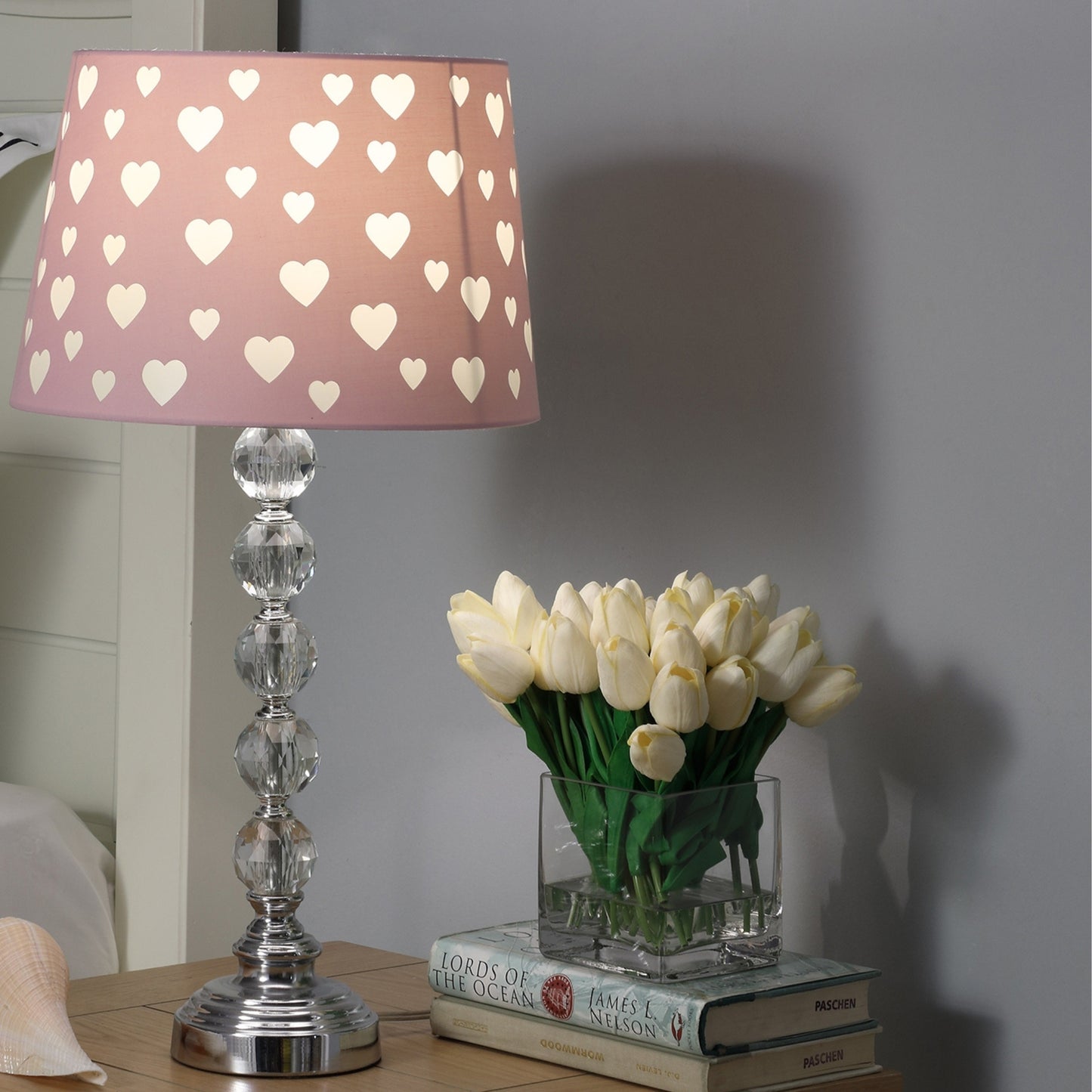 22" Heart Crystal Stacked Orb Metal Table Lamp "Ariel" Pink / White