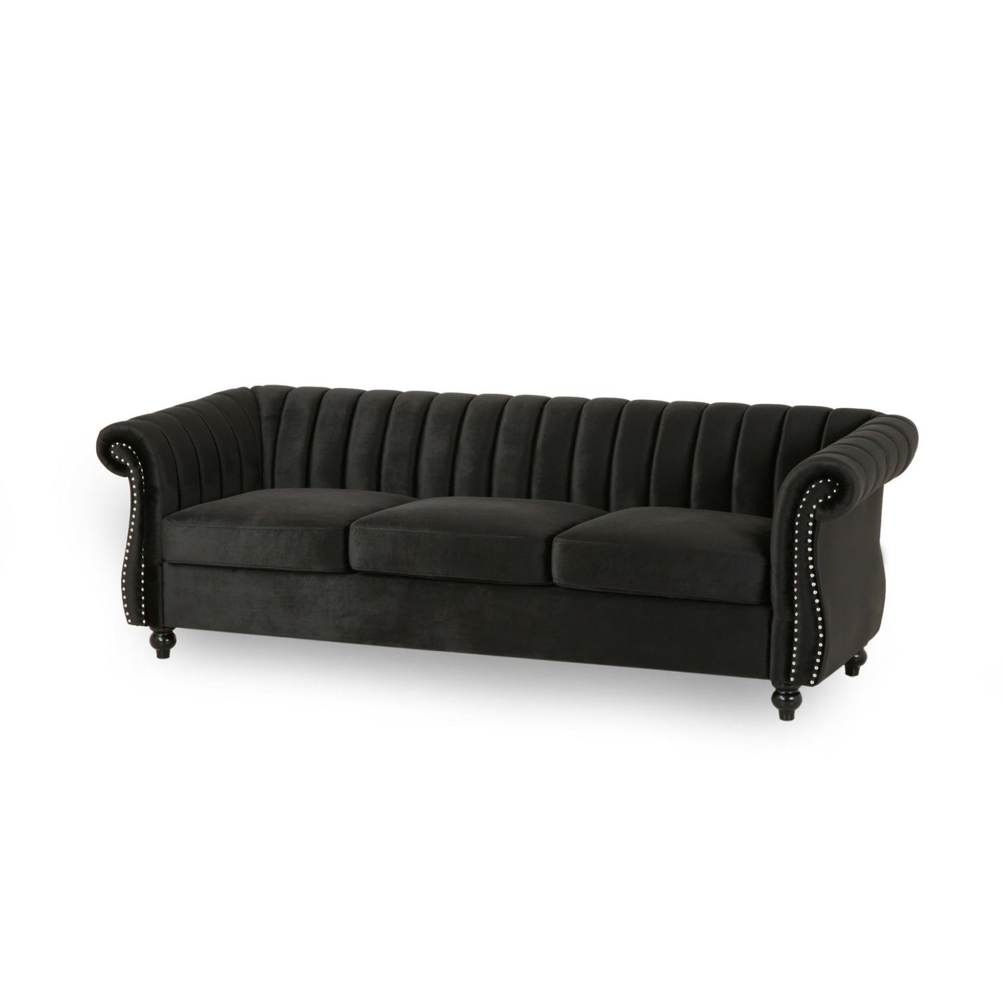 84-Inch Black 3-Seater Velvet Sofa – Button Tufted with Nailhead Trim, Curved Backrest, and Rolled Arms, Stylish and Elegant Couch for Modern Living Rooms, Durable Upholstery, Luxury Design