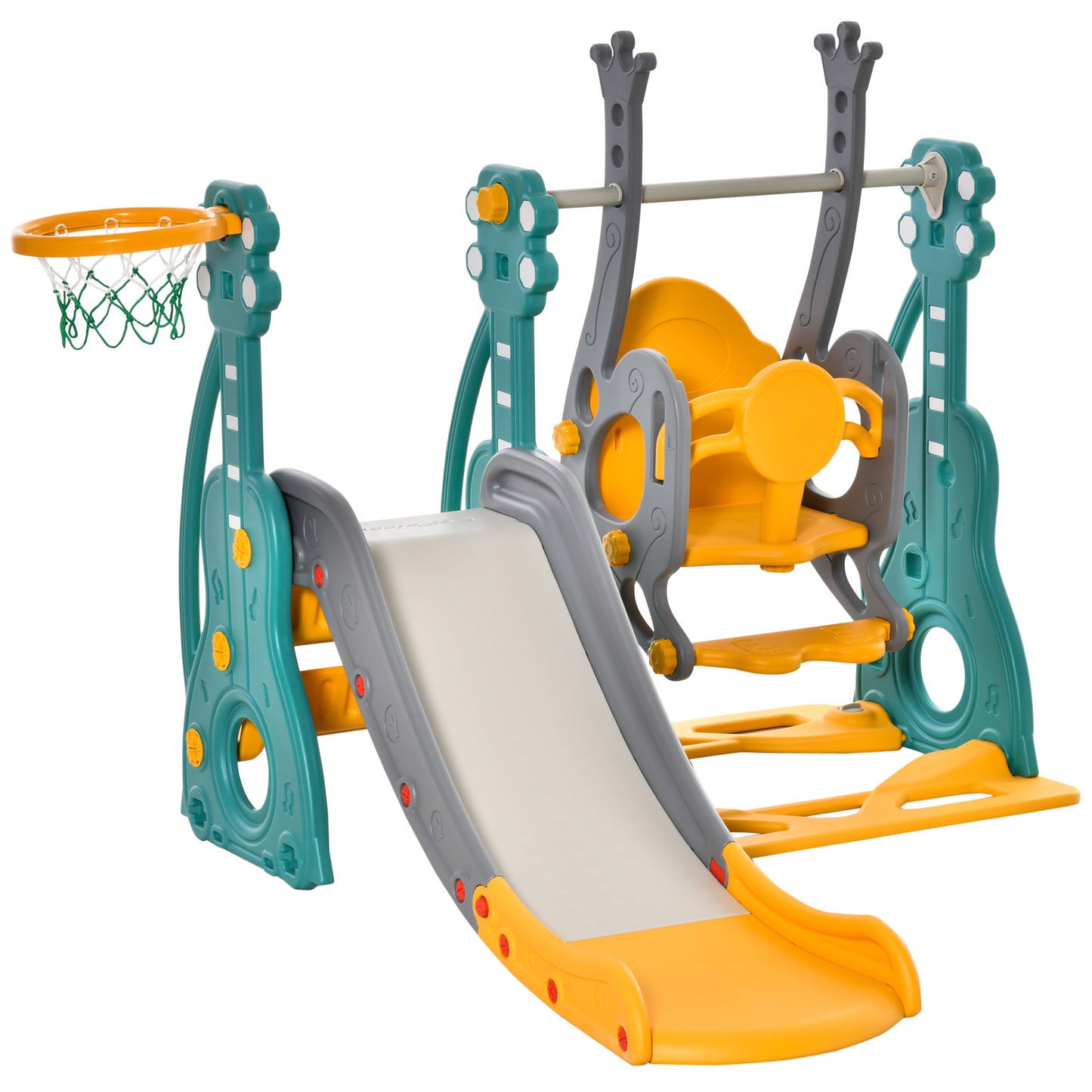 Qaba 3 in 1 Toddler Swing and Slide Set, Kids Slide with Climber, Ultra-Safety, Basketball Hood, Baby Playground Set, Fun Indoor/Outdoor Playset Exercise Toy for Ages 1.5-3