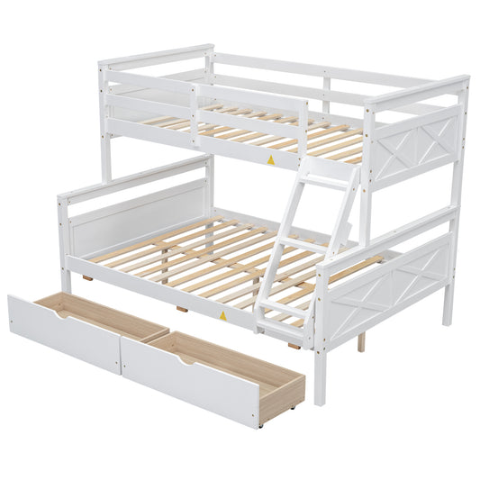 White Twin over Full Bunk Bed with Ladder, Two Storage Drawers, Safety Guardrail, Pine Wood and MDF, 79.3''L x 57.1''W x 61.3''H