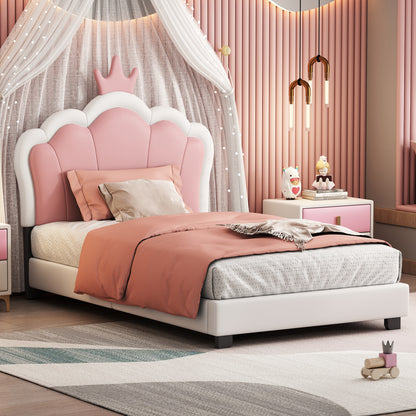 Twin size Upholstered Princess Bed With Crown Headboard,Twin Size Platform Bed with Headboard and Footboard, White+Pink