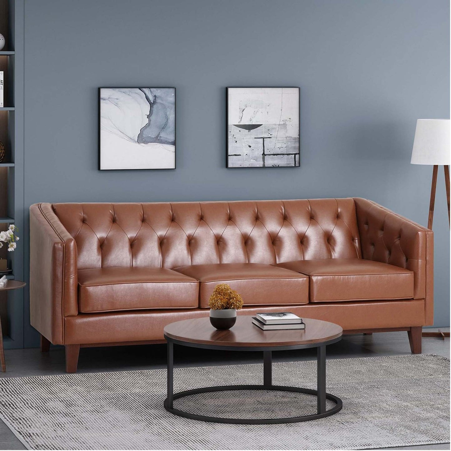 Mirod 81'' PU Sofa,Tufted Back,Solid Wood legs,Living Room and Study