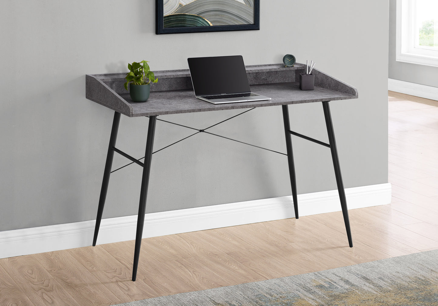 Computer Desk, Home Office, Laptop, Storage Shelves, 48"l, Work, Grey Stone Look Laminate, Black Metal, Contemporary, Modern