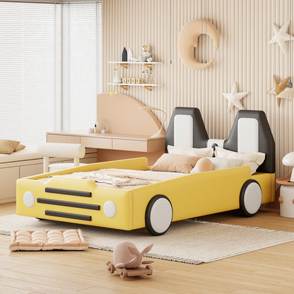 Twin Size Race Car-Shaped Platform Bed with Wheels,Yellow