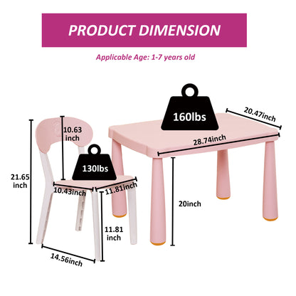 Kids Table and Chair Set, 3 Piece Toddler Table and Chair Set, Plastic Children Activity Tablefor Reading,Preschool,Drawing,Toddler,Playroom(White/Pink)