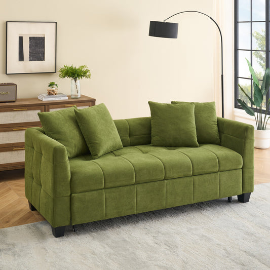 77.9-inch folding dual-purpose three-seater green flannel sofa that can be pulled out and turned into a bed, suitable for use in bedrooms and living rooms.