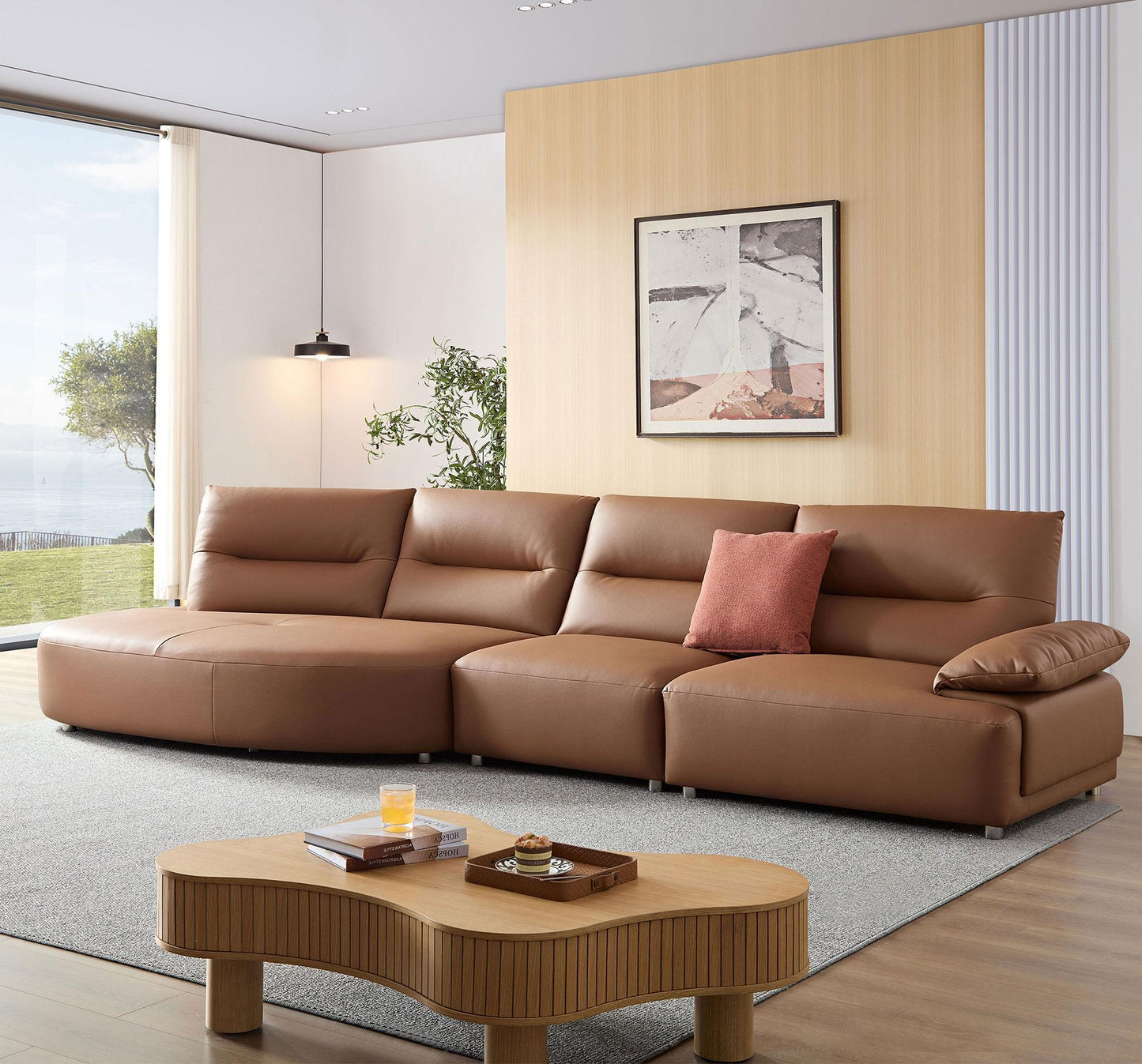 147.24'' Oversied Modern Sectional Curved Shaped Sofa Couch for Living Room,Upholstered 5-Seat Sofa Eco-leather Couch Set ,Brown