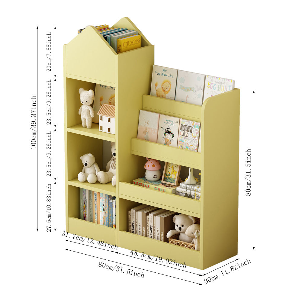 Yellow Kids Wooden Bookshelf Toy Storage Organizer with Bookcase, Kid's Bin Storage Unit with 6 Compartments 2 Baskets Bins Toys Box Organizer, Children Multi Shelf Cubby for Books, Toys Shelf