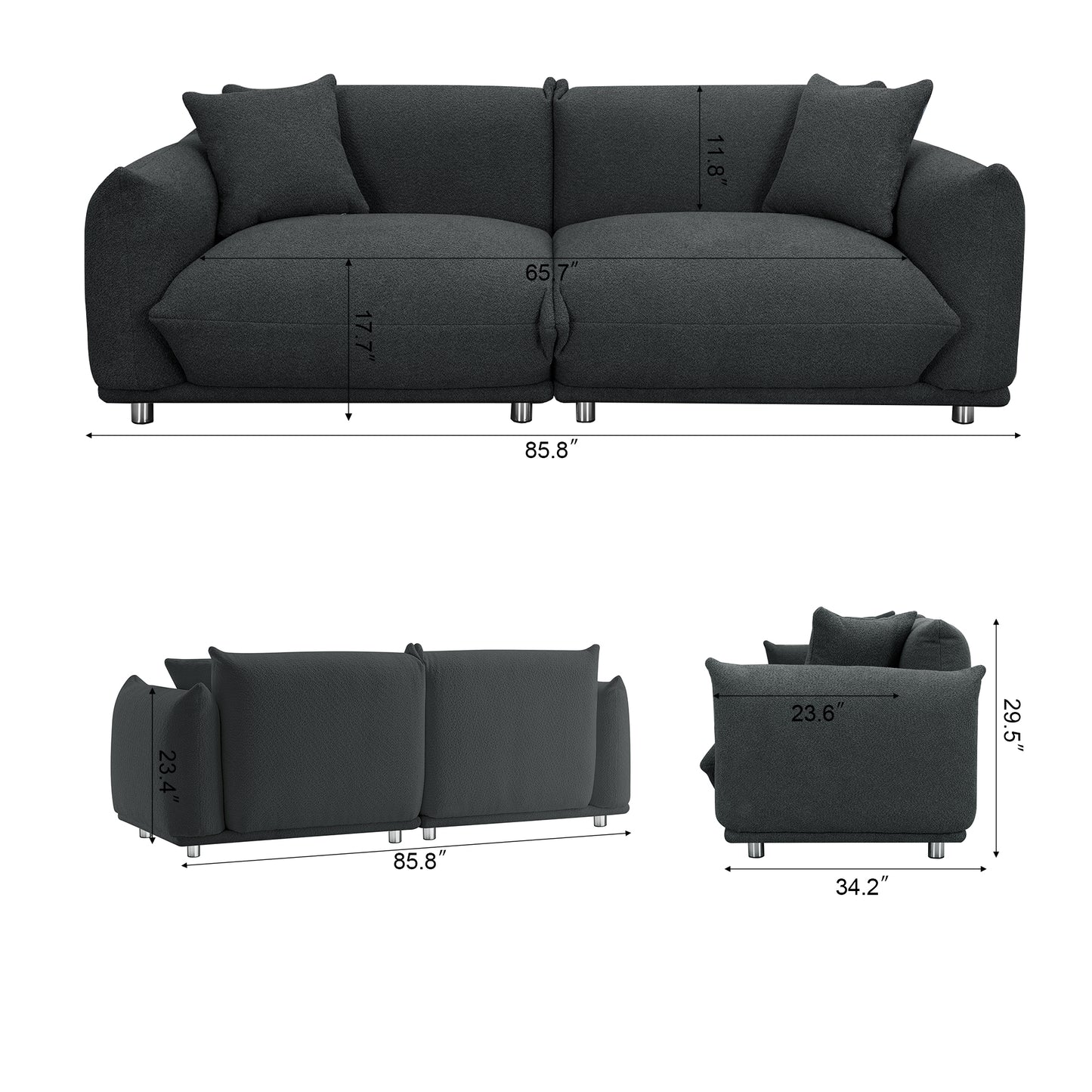 3+1 Oversized Loveseat Sofa for Living Room, Sherpa Sofa with Metal Legs, 3 Seater Sofa, Solid Wood Frame Couch with 2 Pillows, for Apartment Office Living Room Dark Grey