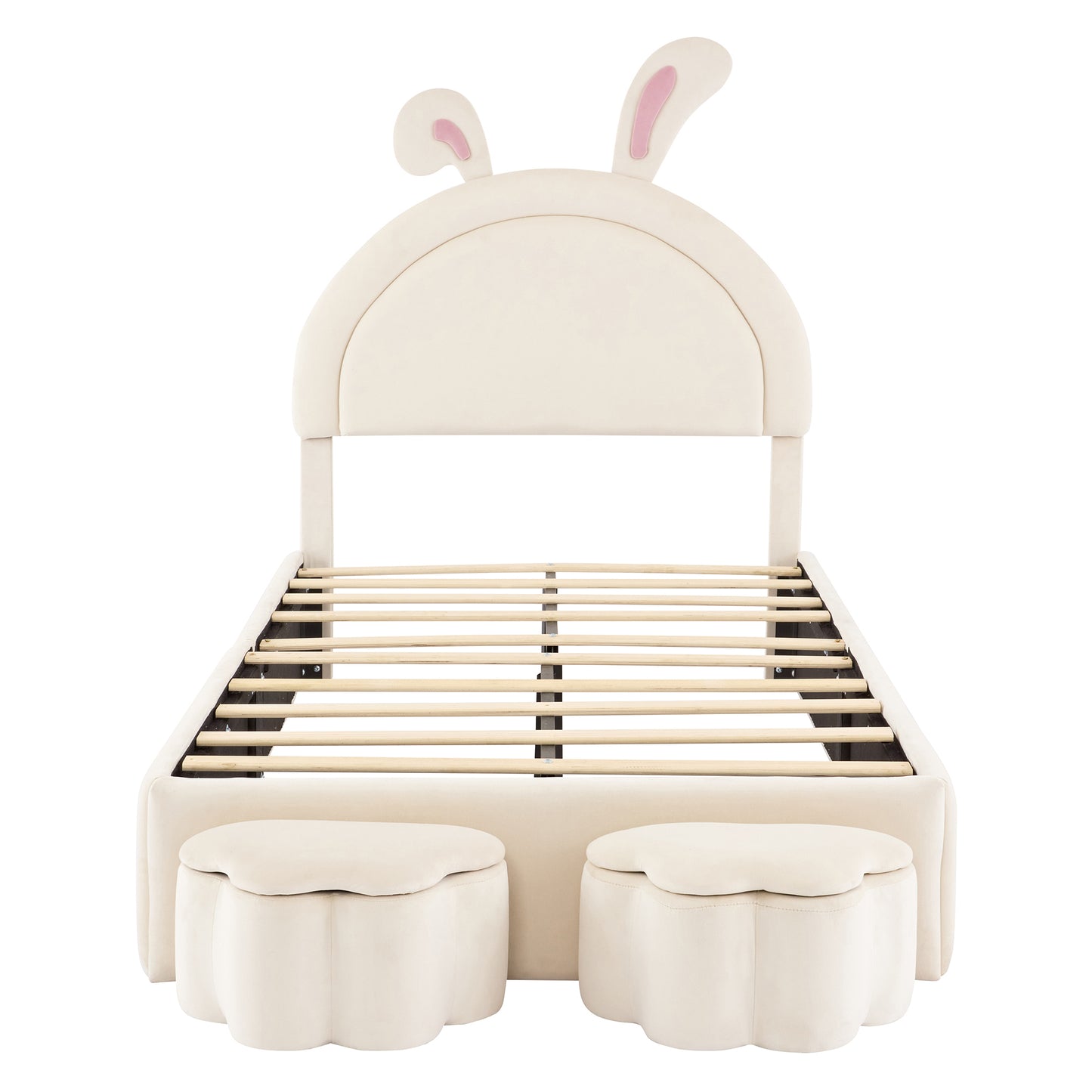 Twin size Upholstered Rabbit-Shape Bed with 2 Storage Stools, Velvet Platform Bed with Cartoon Ears Shaped Headboard, White