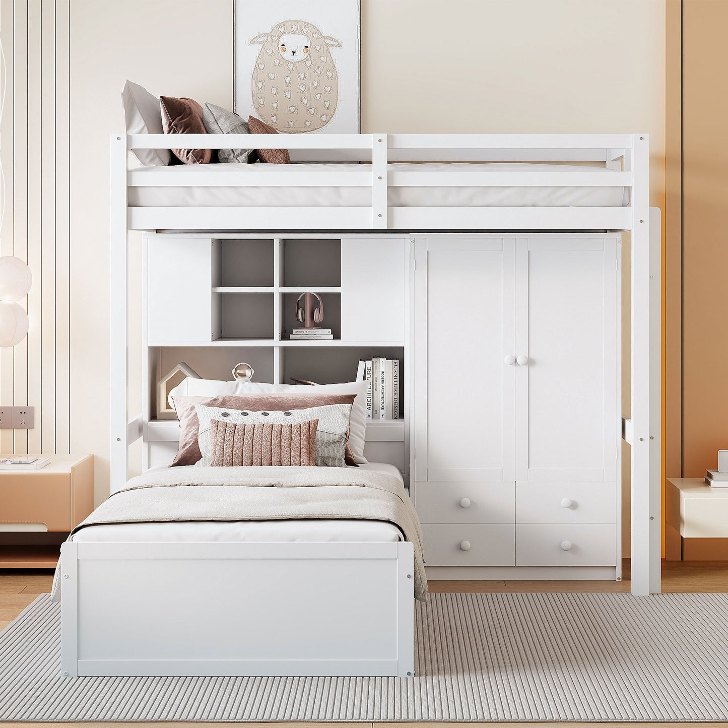 Twin Bunk Bed with Drawers, Wardrobe, Storage Shelves and Hydraulic Bed,White