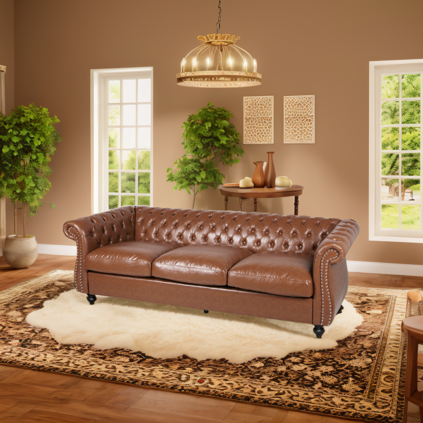 84.50'' Mid Century Cognac Brown 3-Seater Sofa, PU, Classic Retro Sofa with Rolled Arms – Modern, Elegant, and Comfortable Couch, Perfect for Living Room, Office, Bedroom, Primary Living Spaces