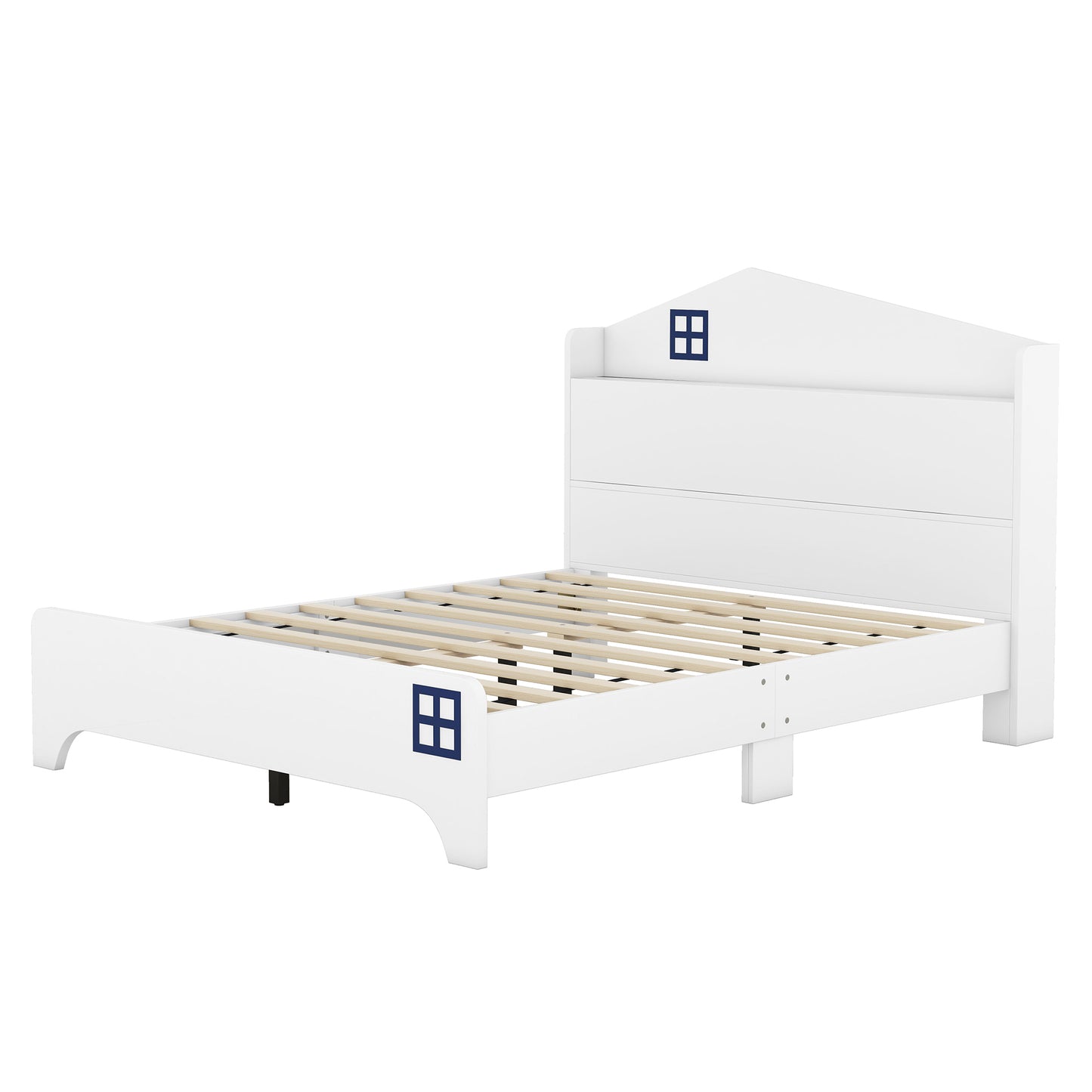 Wooden Full Size House Bed with Storage Headboard ,Kids Bed with Storage Shelf,White