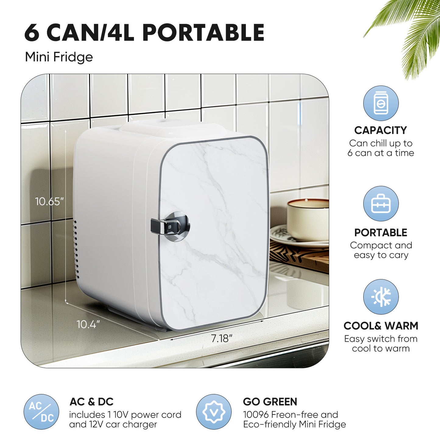 Mini Fridge, Portable Small Refrigerator 4L/6 Can Cooler & Warmer Compact Fridge for SkinCare, Food and Drinks, Small Fridge for Bedroom, Dorm, Car, Office, Marble White