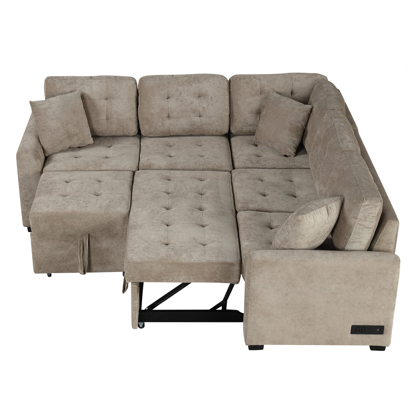 82.6" L-shape Sofa Bed Pull-out Sleeper Sofa with Wheels, USB Ports, Power Sockets for Living Room (SG001230AA), Khaki