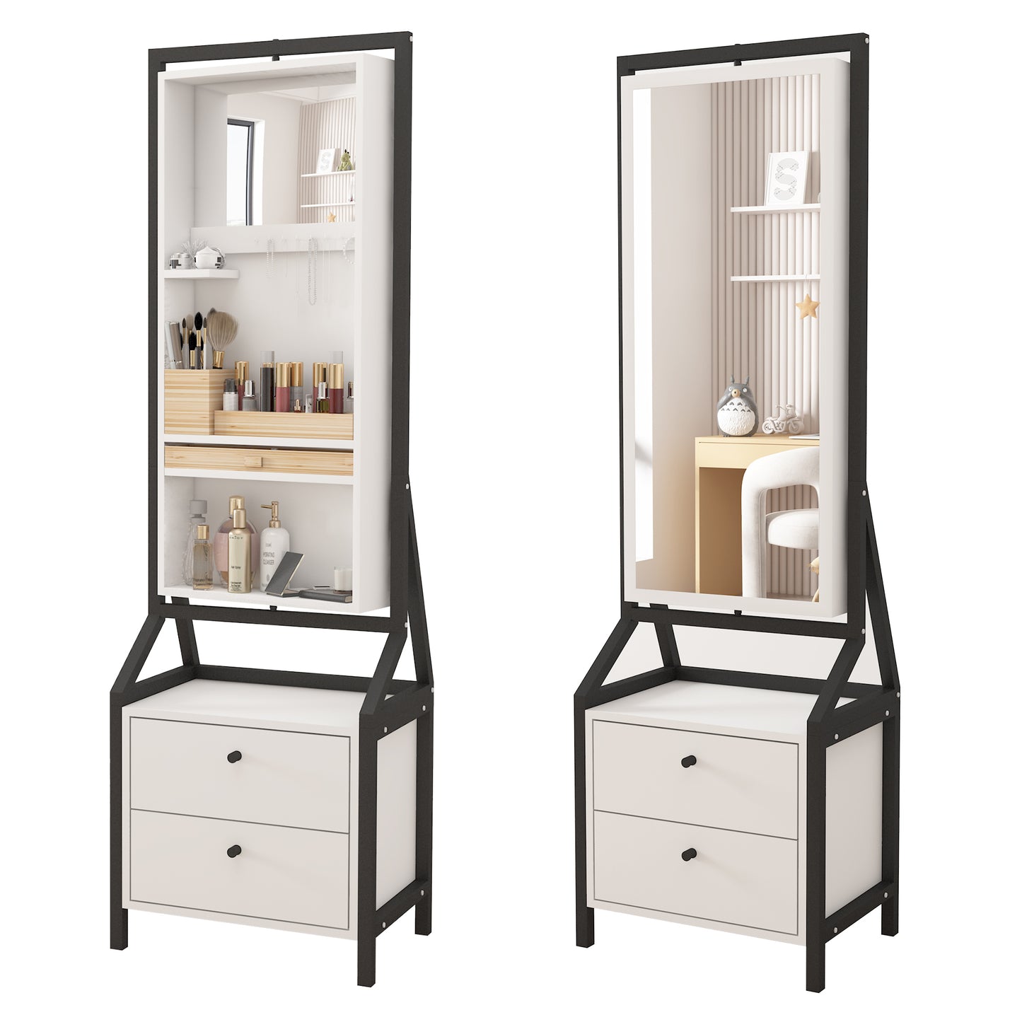 360° Swivel Jewelry Armoire & Makeup Mirror Cabinet With 2 Bottom Drawer, Rotates Freely, Spacious Storage Area, Hand-Painted & Artisan White Finish