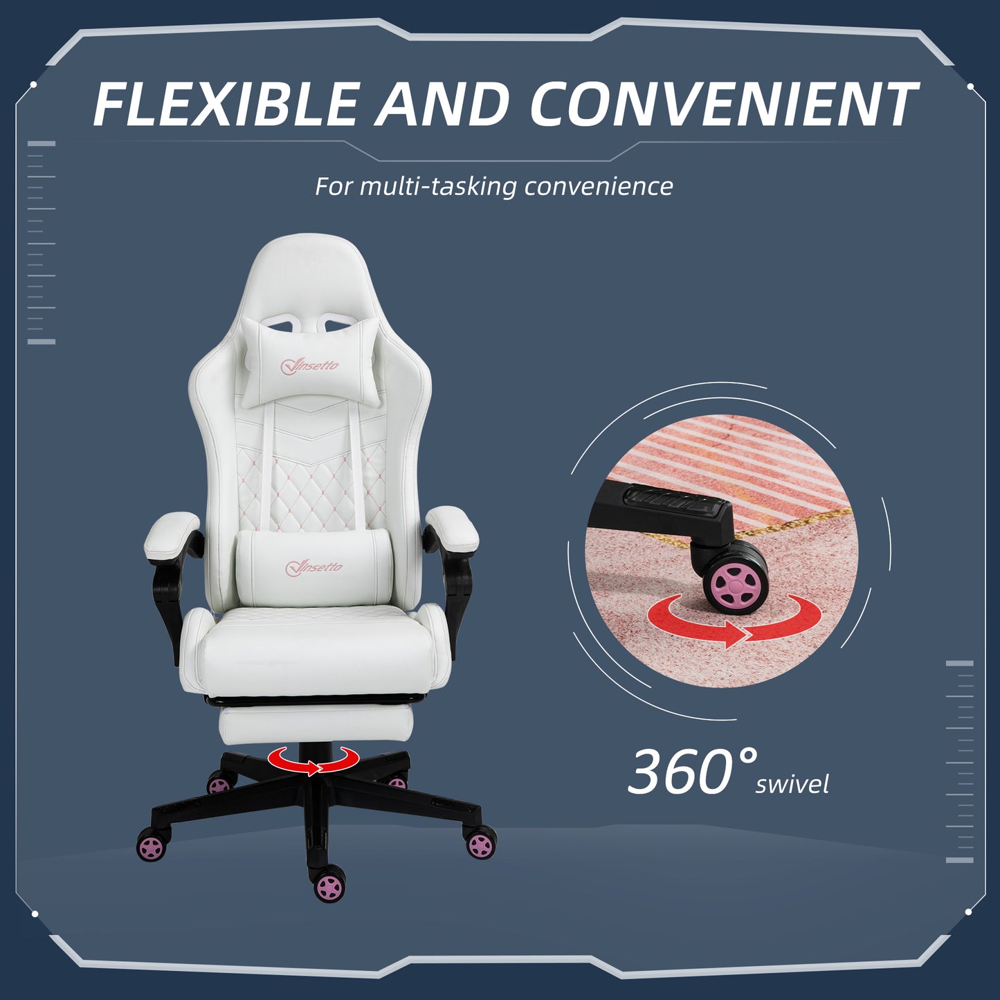 Vinsetto High Back PU Leather Gaming Chair, Racing Computer Chair with Swivel Wheels, Retractable Footrest, Headrest, Lumbar Support, and Armrest, White and Pink