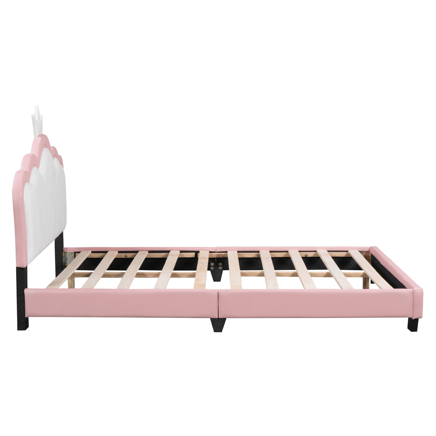 Full size Upholstered Princess Bed With Crown Headboard,Full Size Platform Bed with Headboard and Footboard, White+Pink