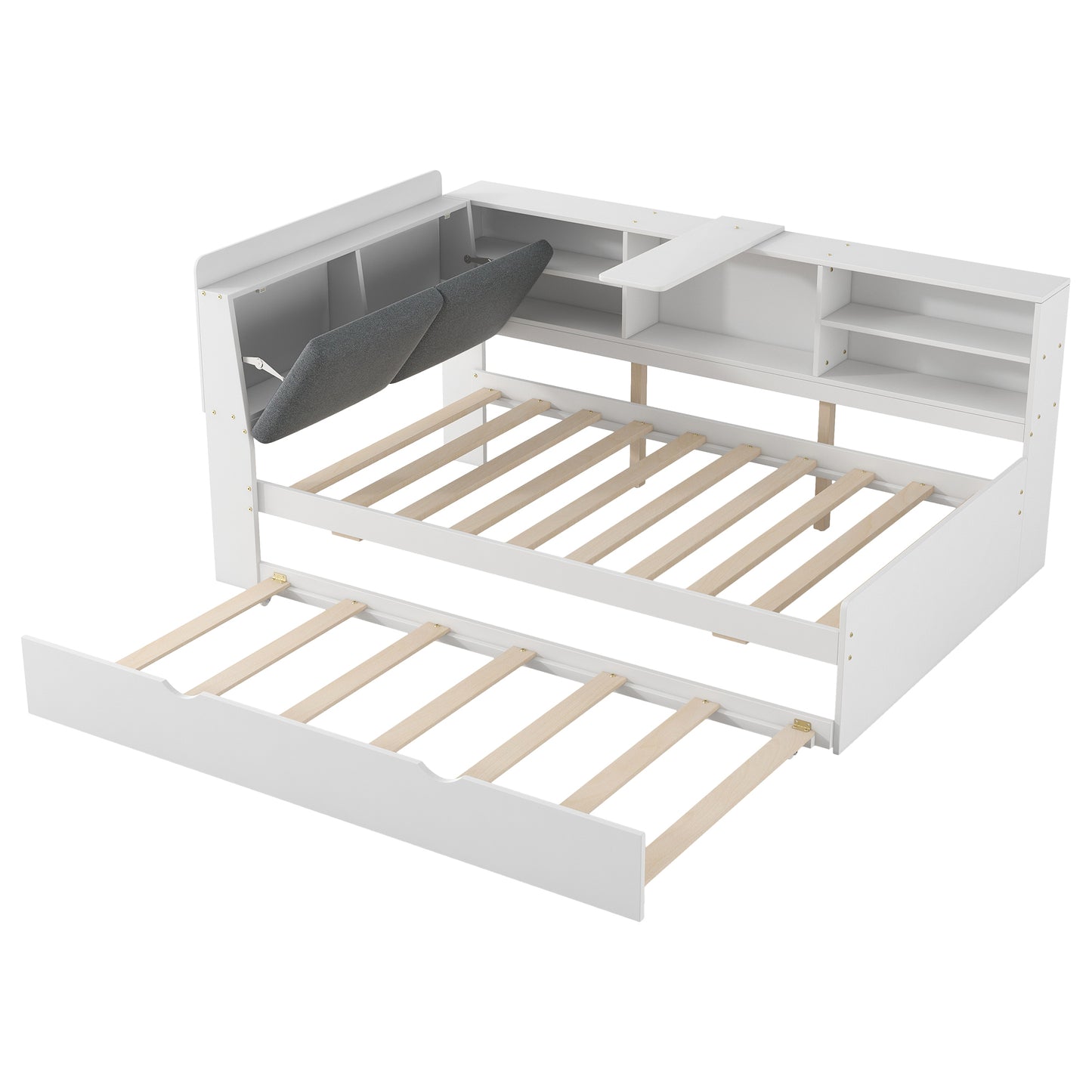 Wood Twin Size platform bed with Trundle, Shelves and Storage Headboard, White