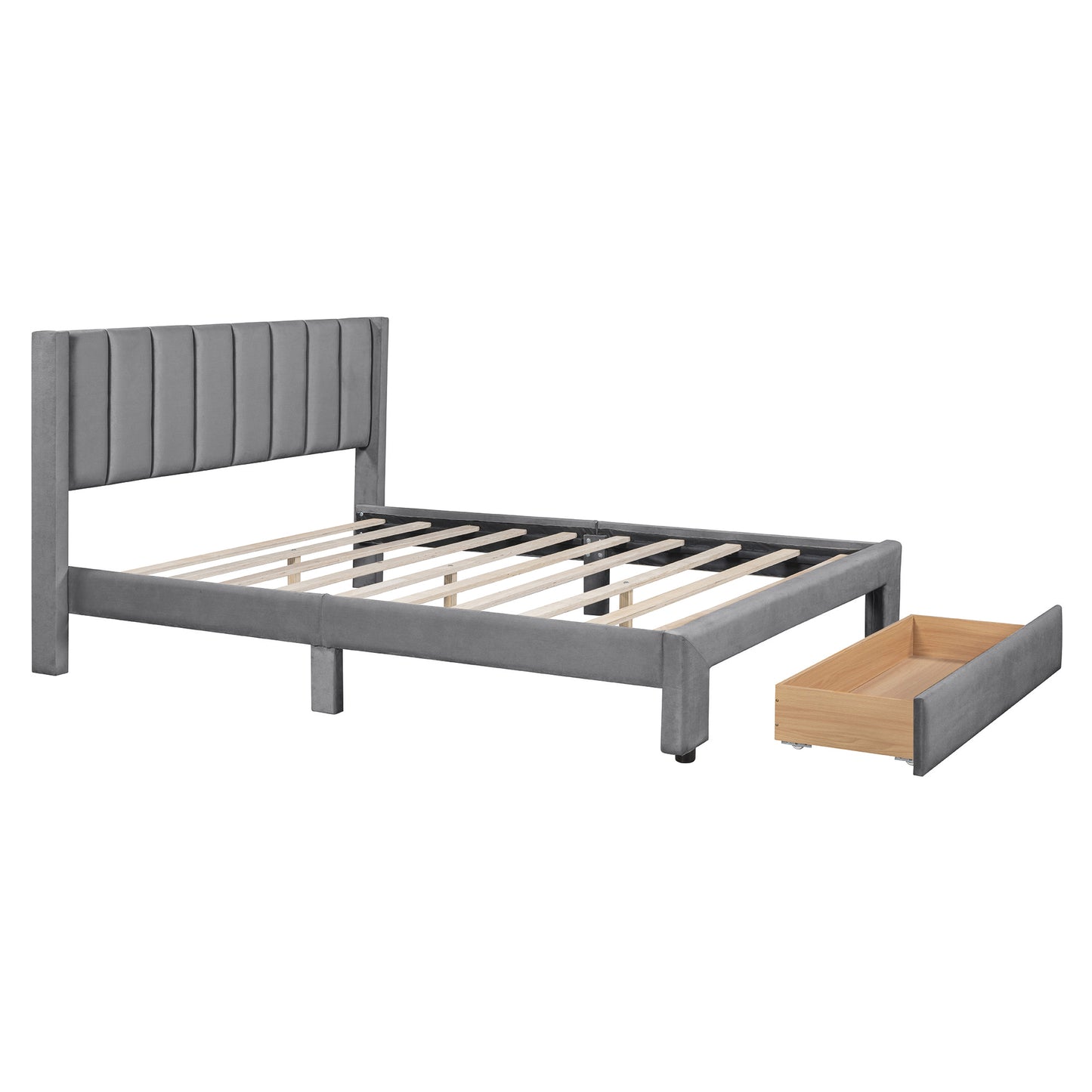 Queen Size Storage Bed Velvet Upholstered Platform Bed with a Big Drawer - Gray(old sku:WF296854AAE)