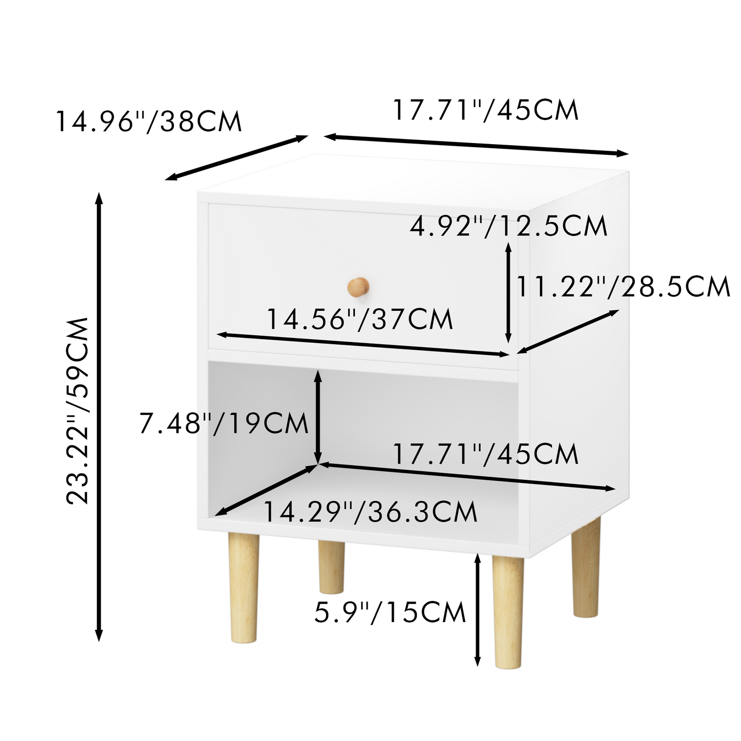 23.22''H Wooden Nightstand with One Drawer One Shelf for Kids, Adults, White