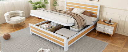 Queen Size Metal Platform Bed with Underneath Storage, White