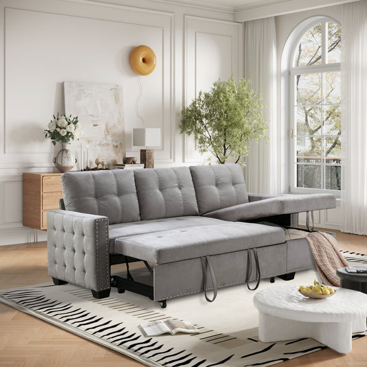 77 Inch Reversible Sectional Storage Sleeper Sofa Bed , L-Shape 2 Seat Sectional Chaise With Storage , Skin-Feeling Velvet Fabric ,Light Grey Color For Living Room Furniture
